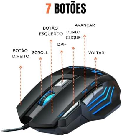 Mouse Gamer Anúbis 7 Botões 3200 DPI Ajustável LED RGB Alta Precisão e Velocidade Jogos Trabalho Estudos Cabo Reforçado Super Rápido Ergonômico Antideslizante Clique Duplo Premium - Preto