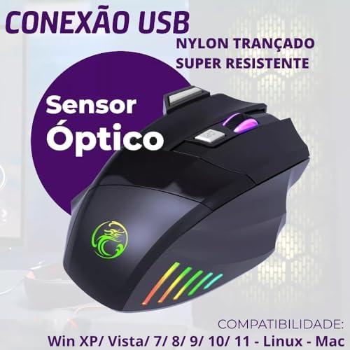 Mouse Gamer Anúbis 7 Botões 3200 DPI Ajustável LED RGB Alta Precisão e Velocidade Jogos Trabalho Estudos Cabo Reforçado Super Rápido Ergonômico Antideslizante Clique Duplo Premium - Preto