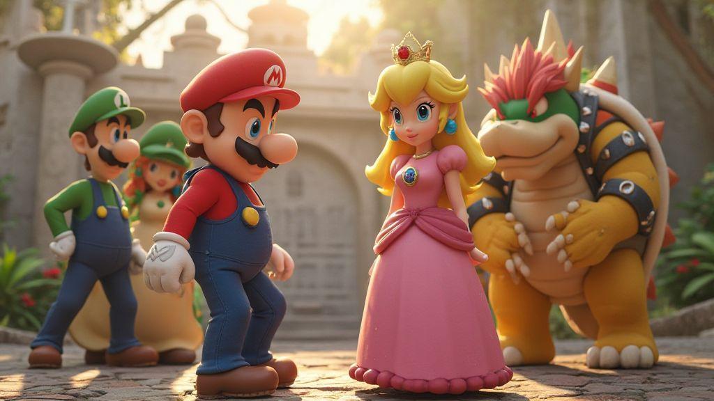 Eu apresento personagens do Mario: Mario, Luigi, Peach e Bowser